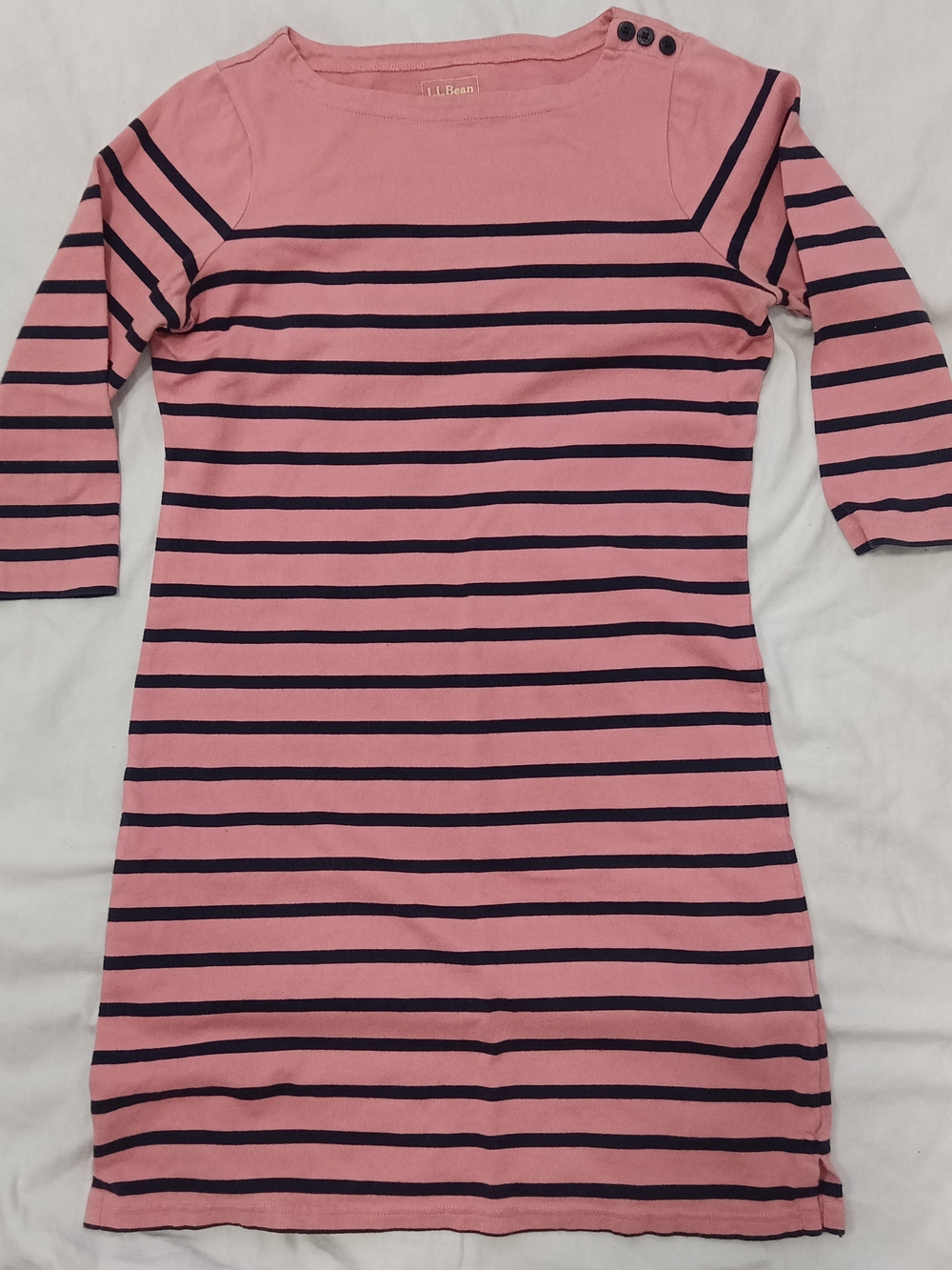 L.L. Bean Pink W/Navy Stripes Heritage Mariner Small Cotton Dress 3/4 Sleeves